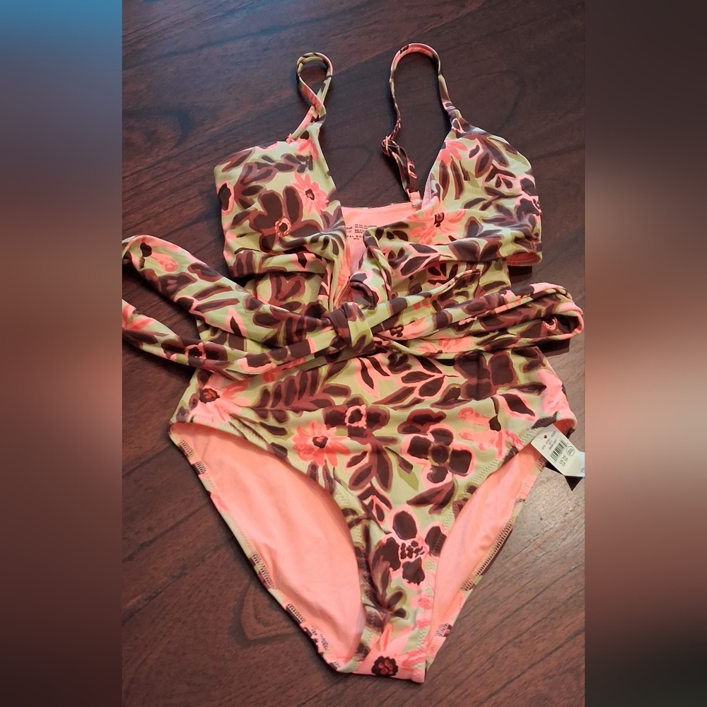 NWT Aerie Pink And Brown Tie Front Full Coverage UPF 50 One Piece Swimsuit